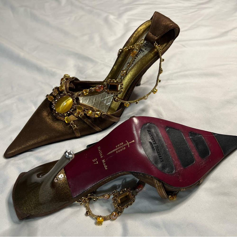 Vintage Artisti Romani Athens T strap Genuine Leather Pointed Toe Heels 36 6.5-7 - Picture 11 of 15